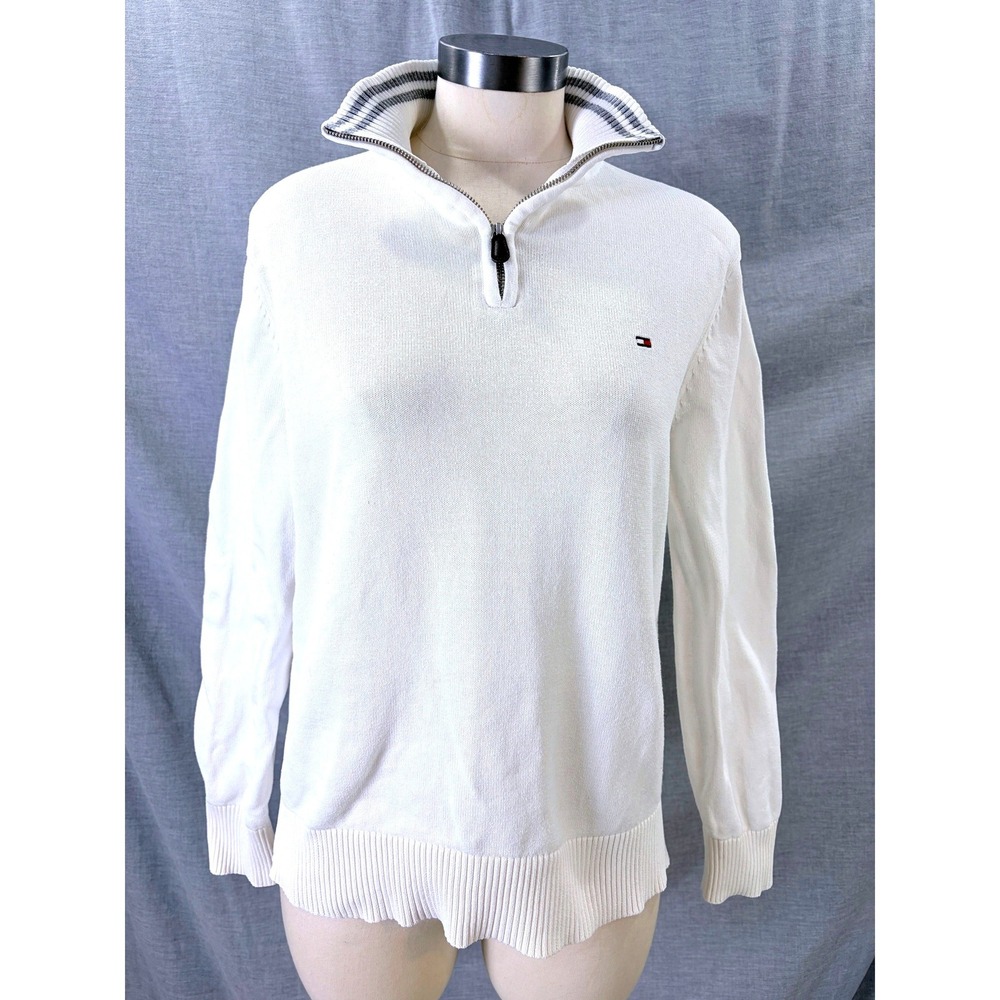 Tommy Hilfiger White Quarter‎ Zip Cotton Knit Sweater Size M Logo Sporty Preppy